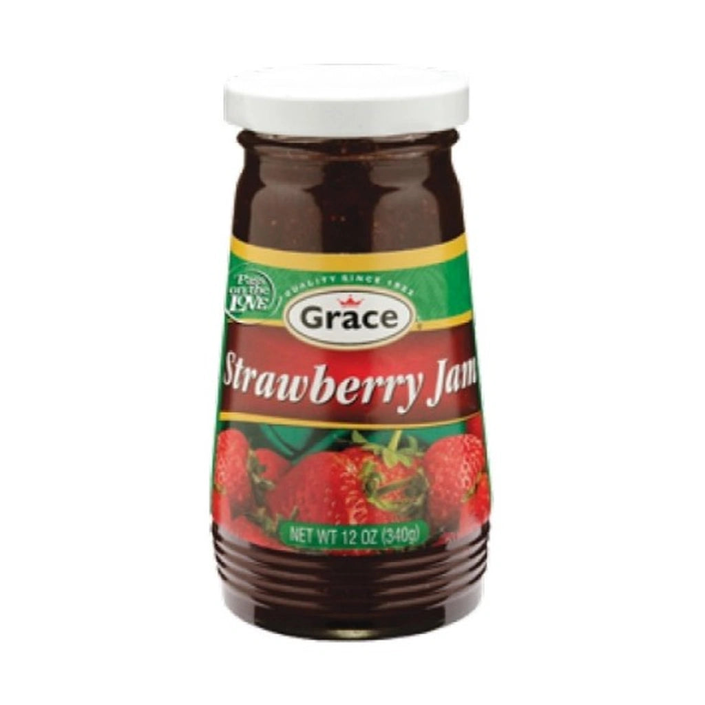 Jar of Grace Strawberry Jam on a white background